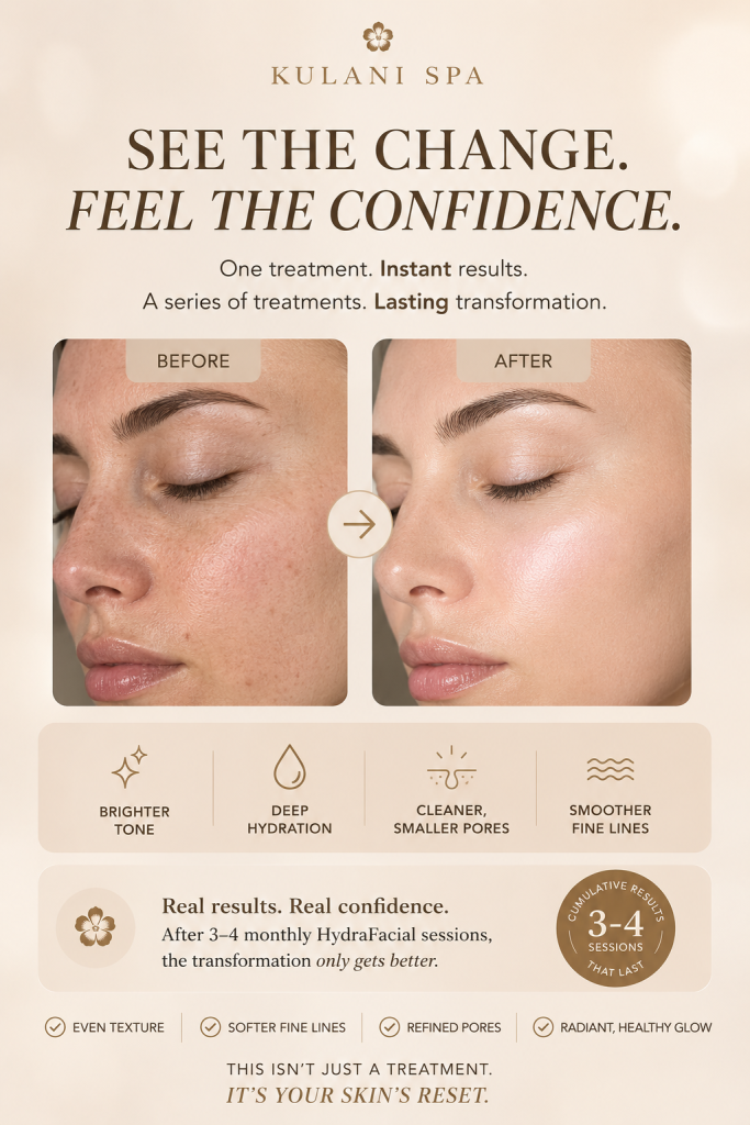 image1 - Kulani Spa Before and after HydraFacial treatment results at Kulani Spa showing smoother, brighter, hydrated skin with refined pores and reduced fine lines after multiple facial sessions.