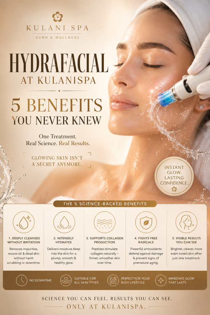 image3 - Kulani Spa Kulani Spa HydraFacial treatment highlighting five skin benefits including deep cleansing, intense hydration, collagen support, antioxidant protection, and visibly glowing skin.