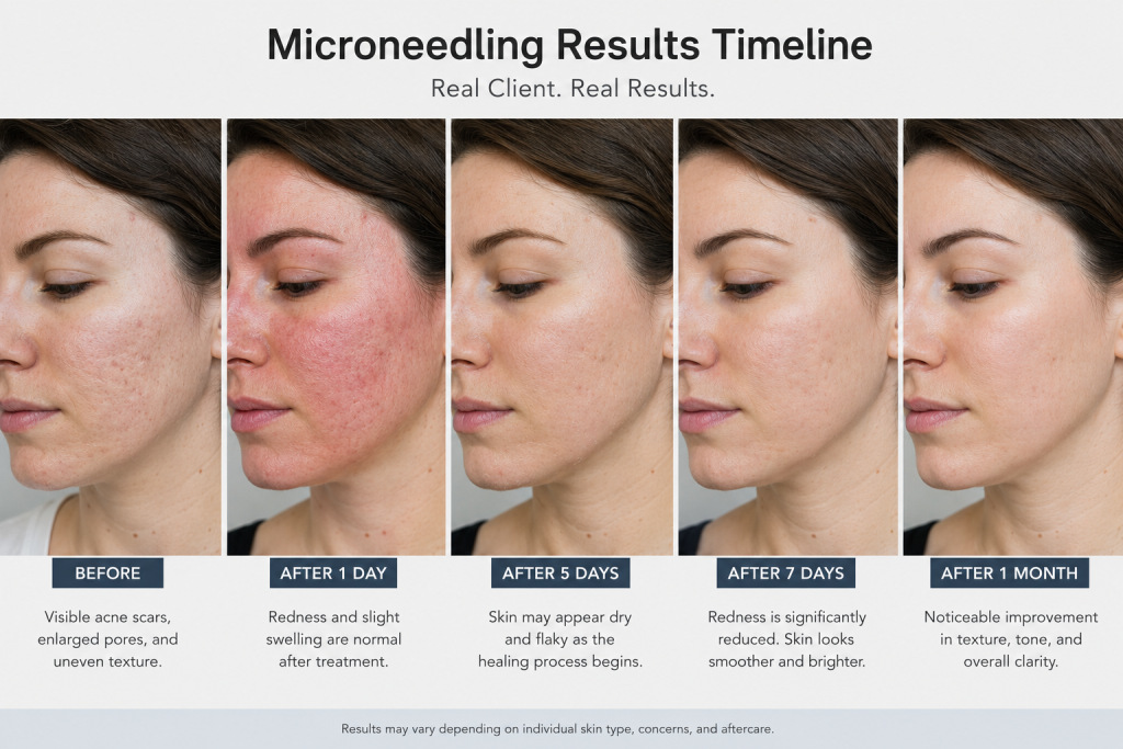 image - Kulani Spa Chronological collage showing a woman's facial skin from before to 1 month after microneedling results: day 1, day 5, day 7, and 1 month after.