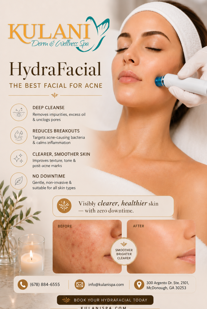 Promo image for Kulani Spa HydraFacial: a woman receives a facial treatment; highlights include deep cleanse, fewer breakouts, clearer, smoother skin, and downtime-free recovery.