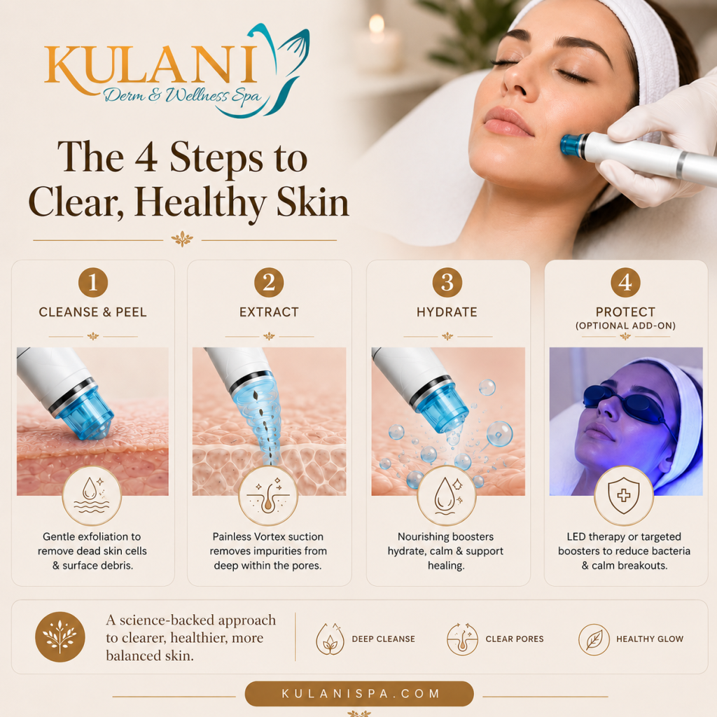 Kulani Spa four-step skin treatment infographic: Cleanse & Peel, Extract, Hydrate, and Protect (optional).