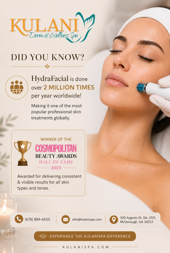 Kulani Spa promotional image showing a woman receiving a HydraFacial, with ‘Did You Know?’ facts and an award badge on the left side.
