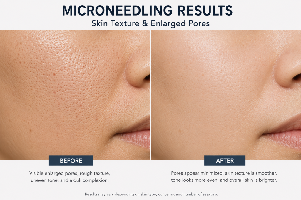 image4 - Kulani Spa Side-by-side before and after microneedling results showing reduced pore size and smoother skin surface on the cheek area.