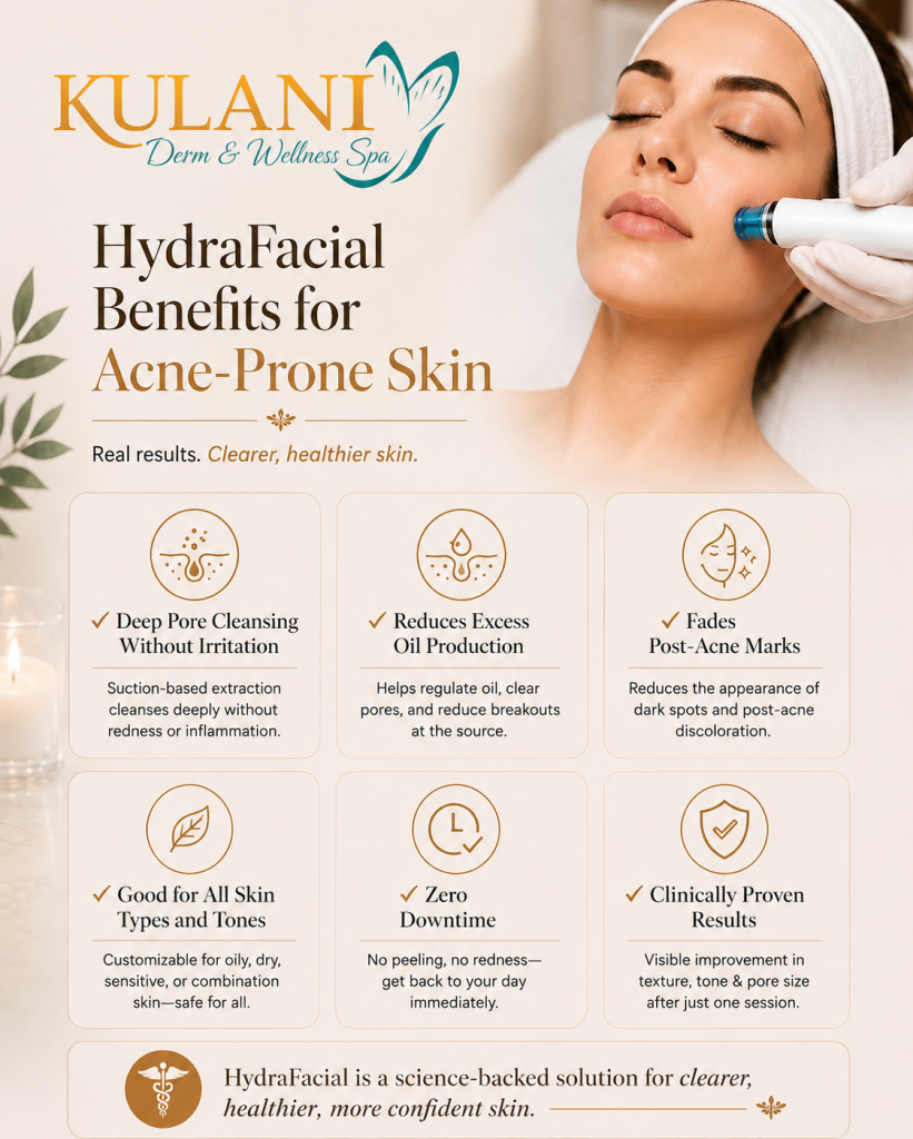 Kulani Derm & Wellness Spa ad: woman receives HydraFacial on the right, with 'HydraFacial Benefits for Acne-Prone Skin' headline on the left.