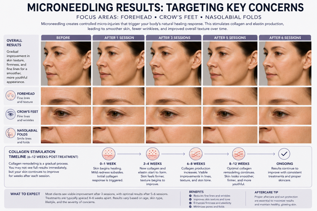 image5 - Kulani Spa Infographic showing microneedling results over six sessions with before/after close-ups of forehead, crow's feet, and nasolabial folds. Scrollable grid compares skin texture and wrinkles over time, plus a collagen stimulation timeline at the bottom.