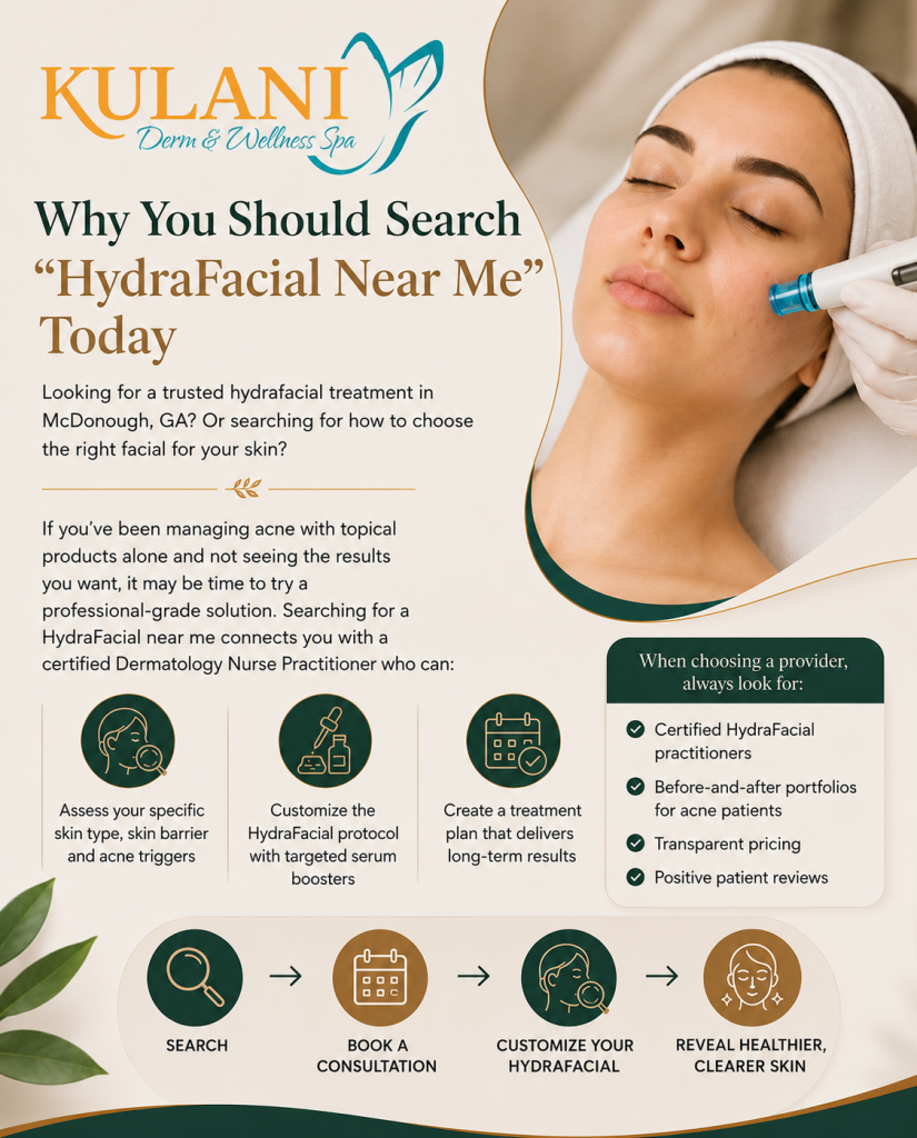 Kulani Derm & Wellness Spa HydraFacial promotion showing a woman receiving a facial treatment.