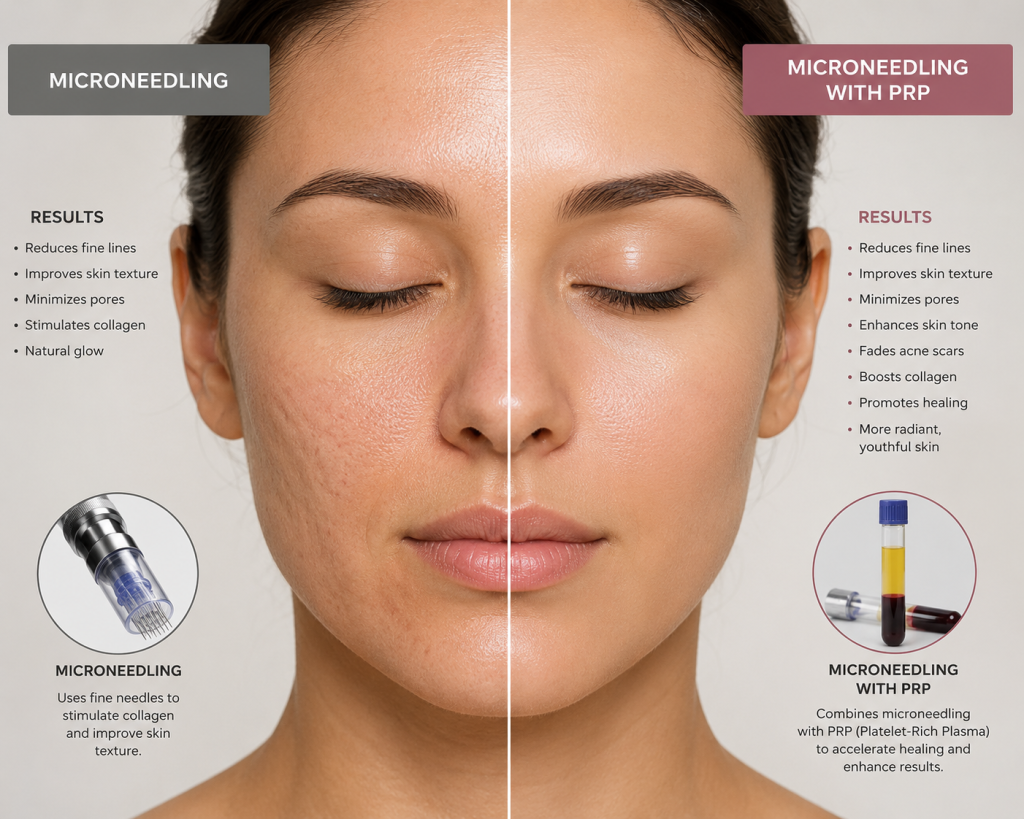 image6 - Kulani Spa Side-by-side comparison of microneedling and microneedling with PRP on a woman's face, showing results lists and device images.