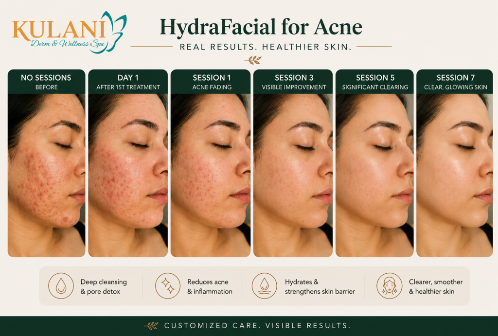 Six-panel sequence showing a woman's acne treatment progress with HydraFacial from before to clear skin.