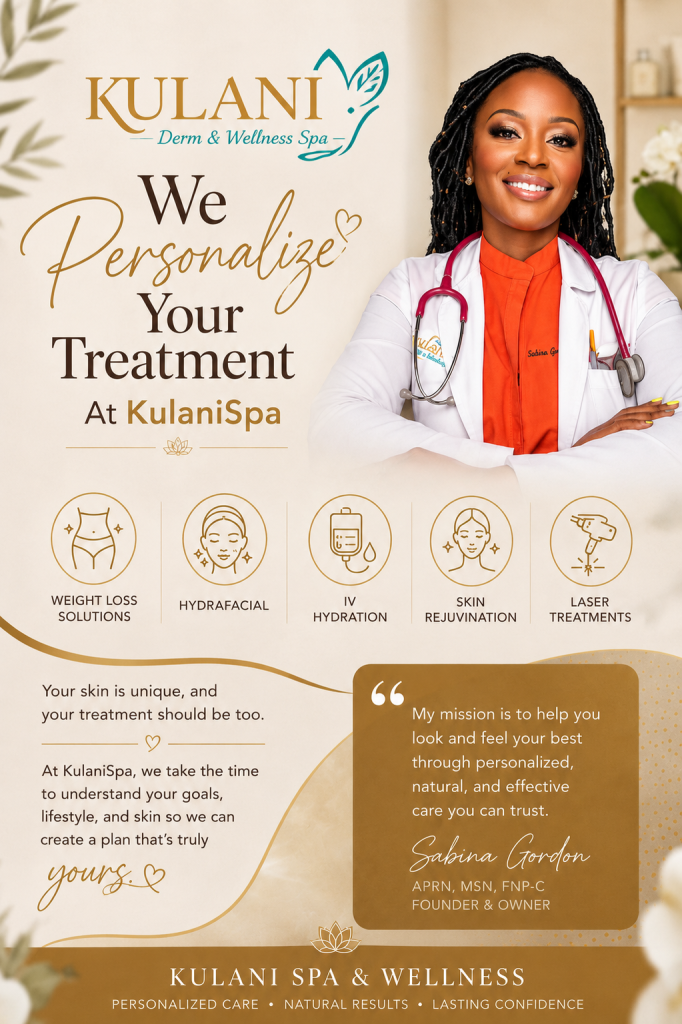 Promotional spa poster with a smiling clinician in a white coat on the right; headline reads 'We Personalize Your Treatment at KulaniSpa' with five icons for weight loss, HydraFacial, IV hydration, skin rejuvenation, and laser treatments.
