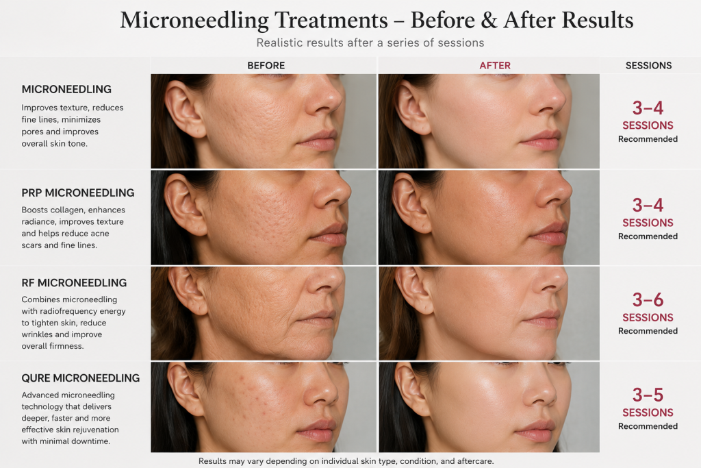 image8 - Kulani Spa Comparison grid showing microneedling before and after results across four methods with 3–6 sessions recommended on the right edge (skin texture improvement).