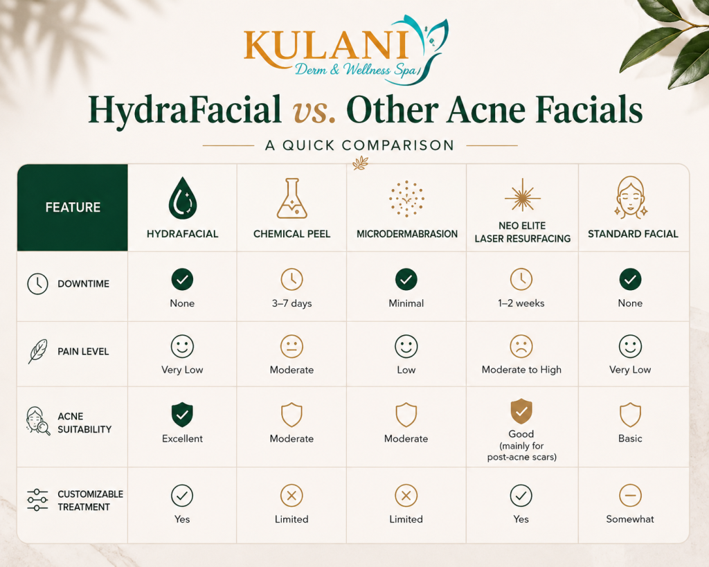 Comparison infographic showing HydraFacial vs other facials with features like downtime, pain level, acne suitability, and customization levels.