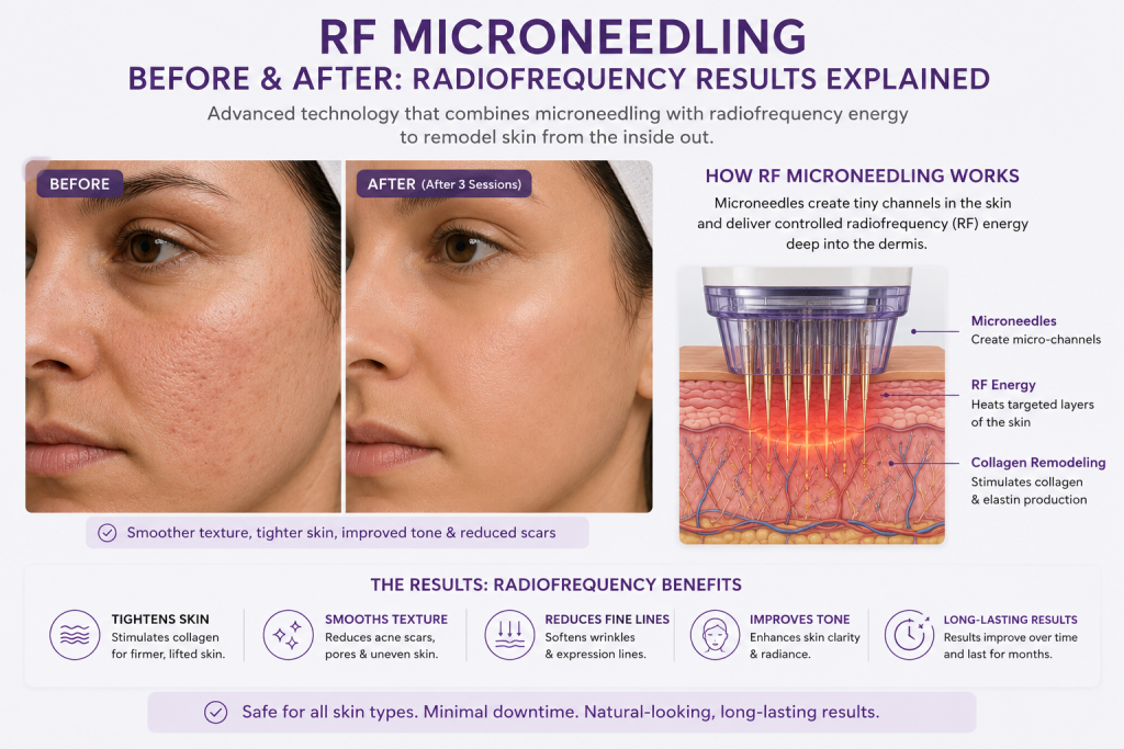 image9 - Kulani Spa Before-and-after photos show improved skin texture after RF microneedling; left panel'BEFORE' and right panel 'AFTER (After 3 Sessions)'. A right-side diagram explains microneedles delivering RF energy to the skin for collagen remodeling.