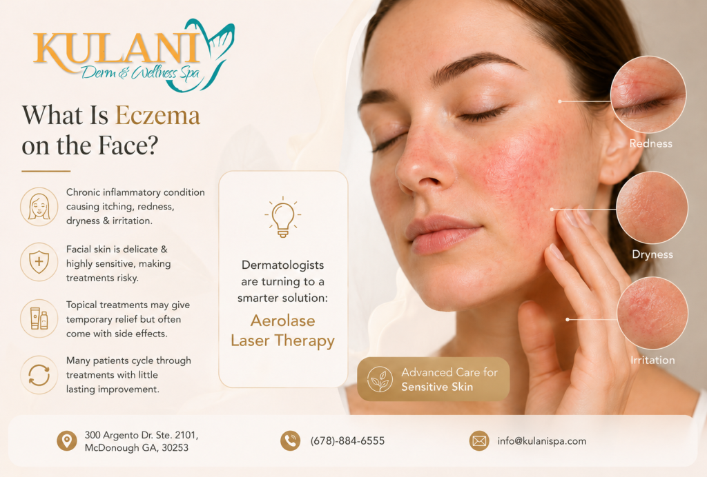 Infographic about eczema on the face showing a woman with red, irritated cheeks and labeled symptoms: redness, dryness, irritation.