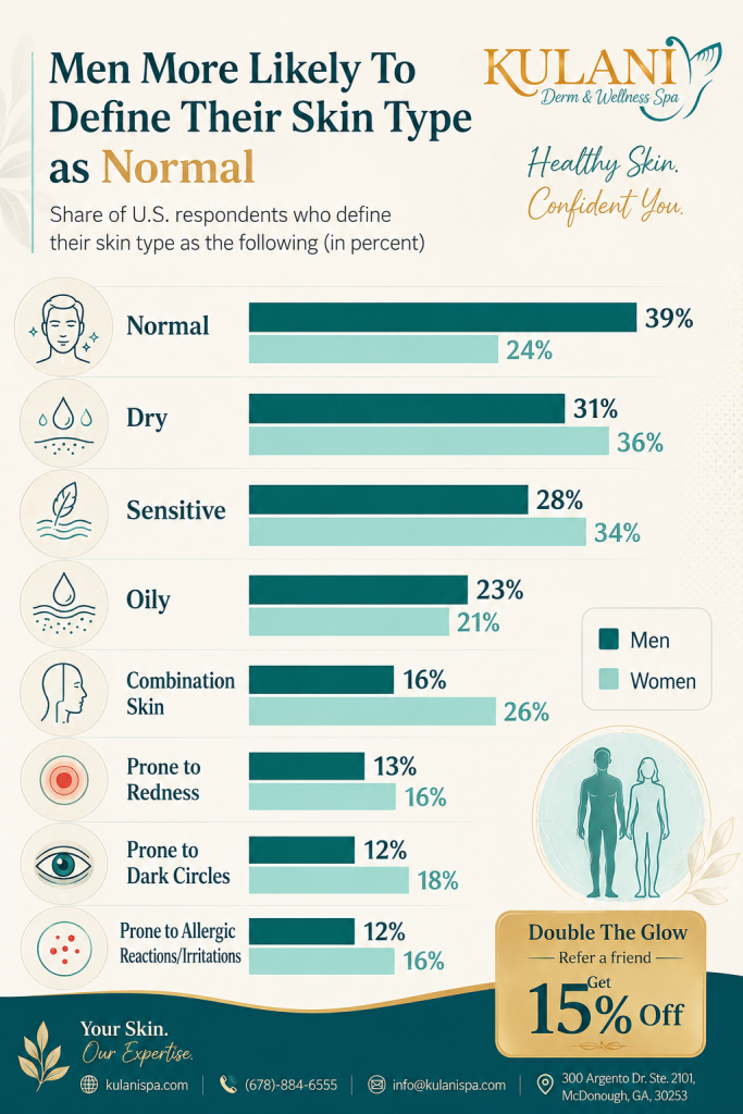 Infographic showing percentages of skin types by men vs. women with teal and mint bars and icons for Normal, Dry, Sensitive, Oily, Combination, Redness, Dark Circles, and Allergic Reactions/Irritations.