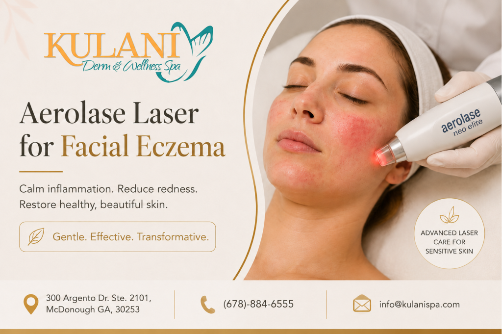 Advertisement for Kulani Spa promoting aerosol laser treatment for facial eczema with a patient receiving therapy on the right side of the image.