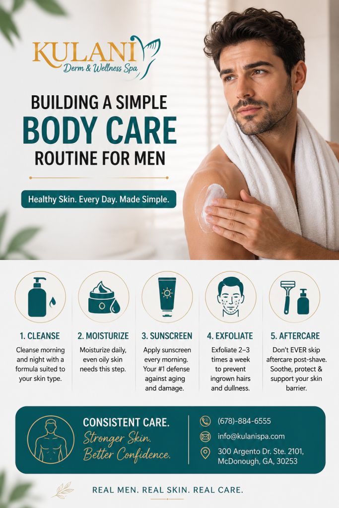 Spa advertisement showing a man applying lotion to his shoulder with a towel, headline 'Building a Simple Body Care Routine for Men' and five care steps below.