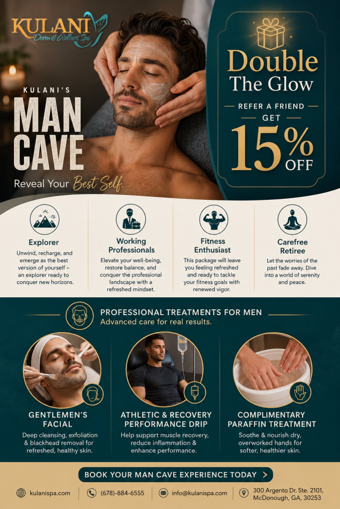 Advertisement for Kulani's Man Cave spa showing a man getting a facial with logo and 'Double The Glow – Refer a friend get 15% off' promo.