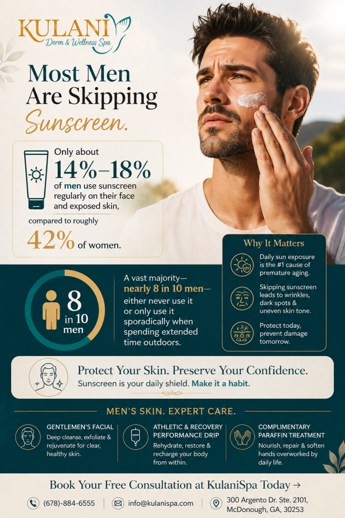 Kulani spa infographic: man applying sunscreen with the headline 'Most Men Are Skipping Sunscreen' and statistics showing 14–18% of men vs 42% of women.