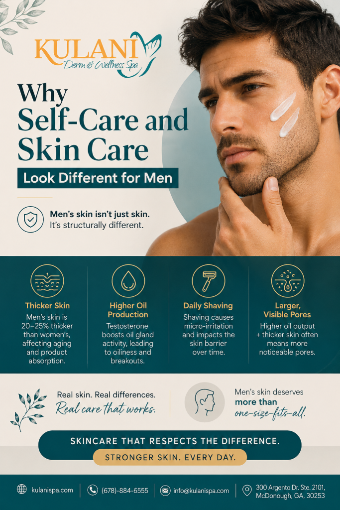 Men's skincare ad: man applying cream to his face with Kulani Derm & Wellness Spa branding and 'Look Different for Men' headline.