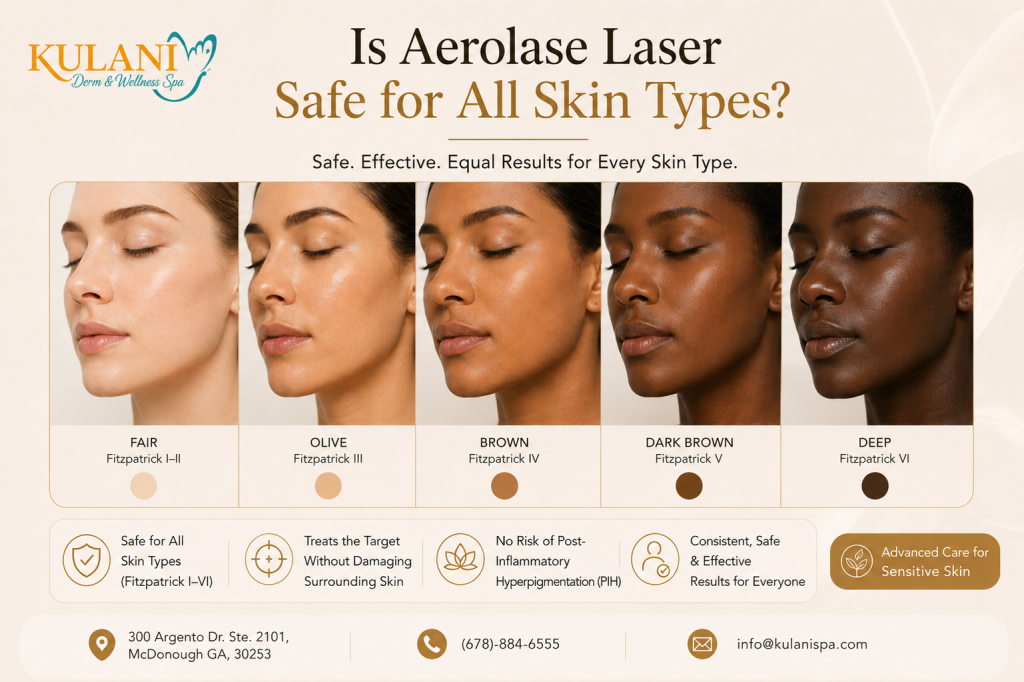 Banner with five side-by-side portraits showing skin tones from fair to deep to illustrate laser safety for all skin types. The Kulani logo is on the left and the title asks about Aerolase laser safety.