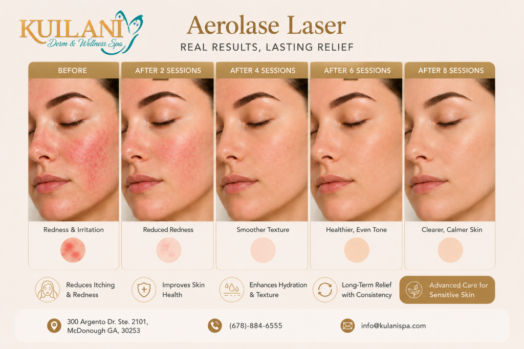 Five-panel Aerolase Laser progress: BEFORE and AFTER 2, 4, 6, and 8 sessions showing redness reduction and smoother skin.