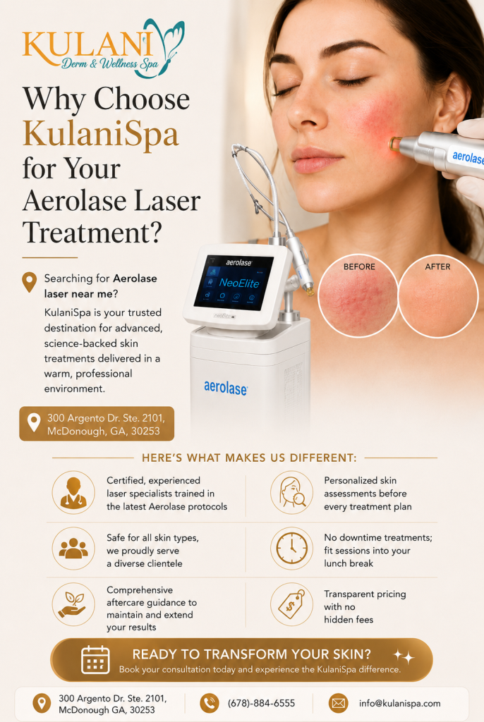 Woman receives Aerolase laser facial treatment at Kulani Spa; handheld device applied to cheek with NeoElite screen visible.