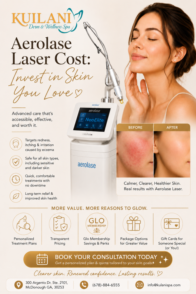 Advertisement for Kulani Derm & Wellness Spa promoting Aerolase laser skin treatment, with before/after photos and a smiling model.