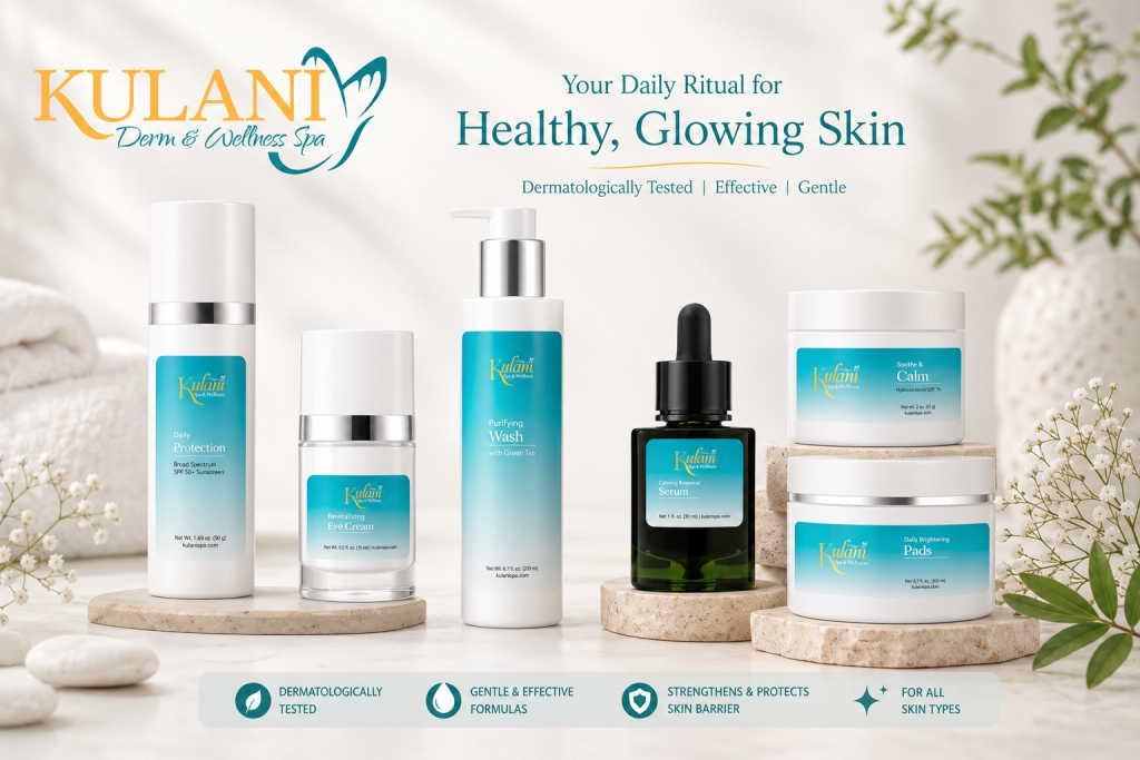 image - Kulani Spa Kulani Derm & Wellness Spa product lineup on beige backdrop, with logo and the headline 'Healthy, Glowing Skin'.