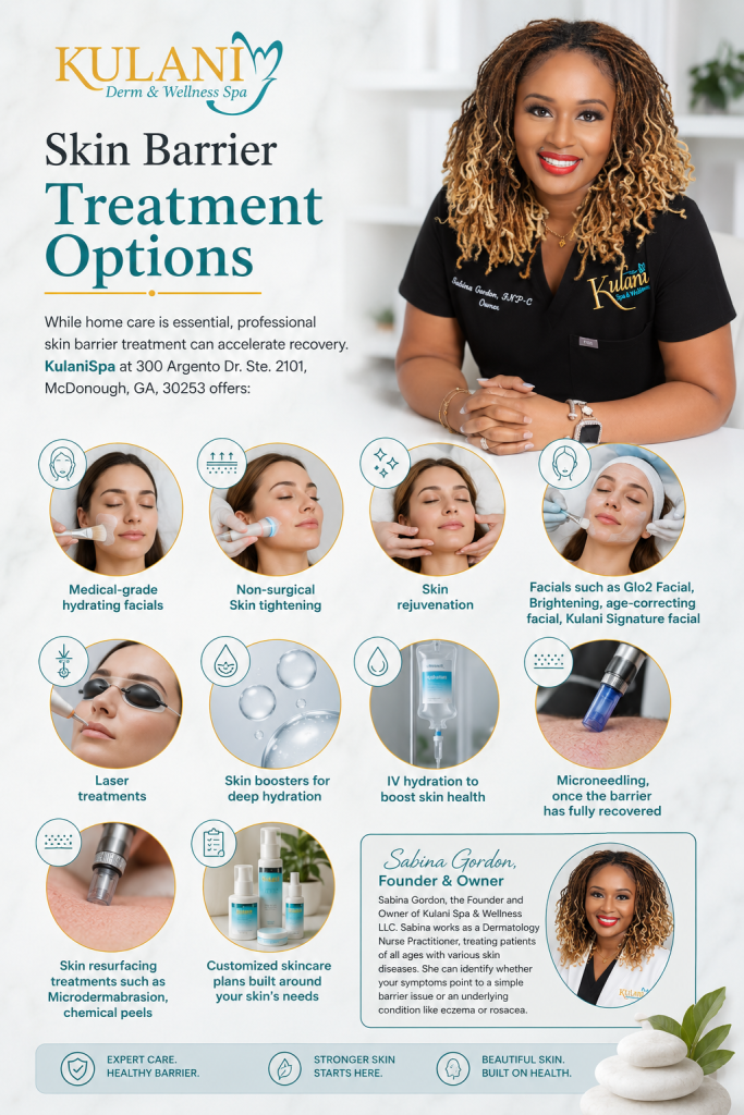 image - Kulani Spa Infographic for Kulani Derm & Wellness Spa detailing skin barrier treatment options and services with a smiling practitioner and founder photo.