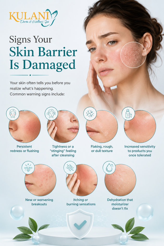 image - Kulani Spa Infographic banner for Kulani Derm & Wellness Spa listing signs that the skin barrier is damaged, with a woman showing facial redness and circular symptom icons.