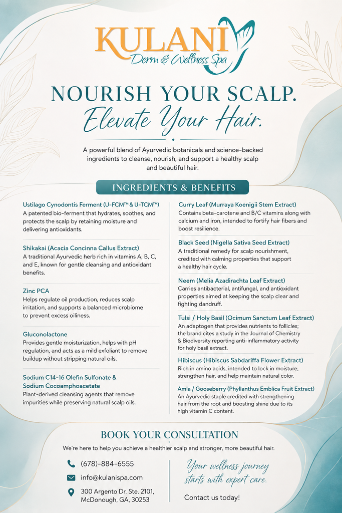 Promotional poster for Kulani Derm & Wellness Spa highlighting scalp care ingredients and benefits.