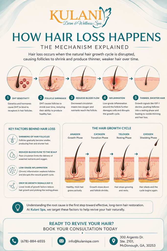 Infographic titled How Hair Loss Happens, showing a five-step diagram of hair loss mechanism from DHT sensitivity to thinning hair with circular follicle illustrations and a hair growth cycle chart below.