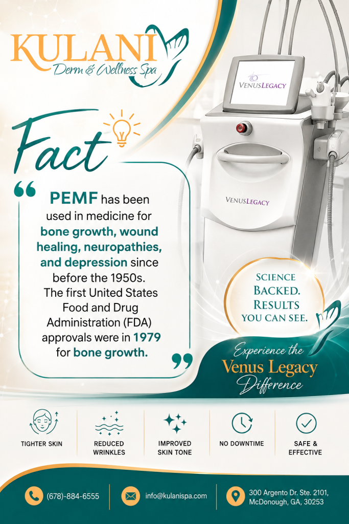 image - Kulani Spa Promotional spa infographic featuring a medical device with Kulani Derm & Wellness Spa branding and benefits list for skin care and PEMF therapy.