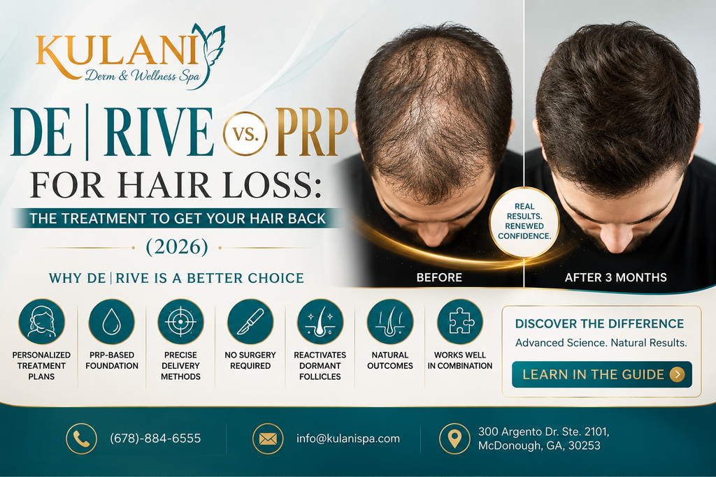 Promotional banner for Kulani Derm & Wellness Spa showing a hair-loss treatment comparison (De Rive vs PRP) with before/after images and benefits icons at the bottom.