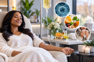 Woman relaxing in a chair receiving IV therapy in a calm, cozy room; circular overlays show a virus image, supplements, and a person using a tissue.