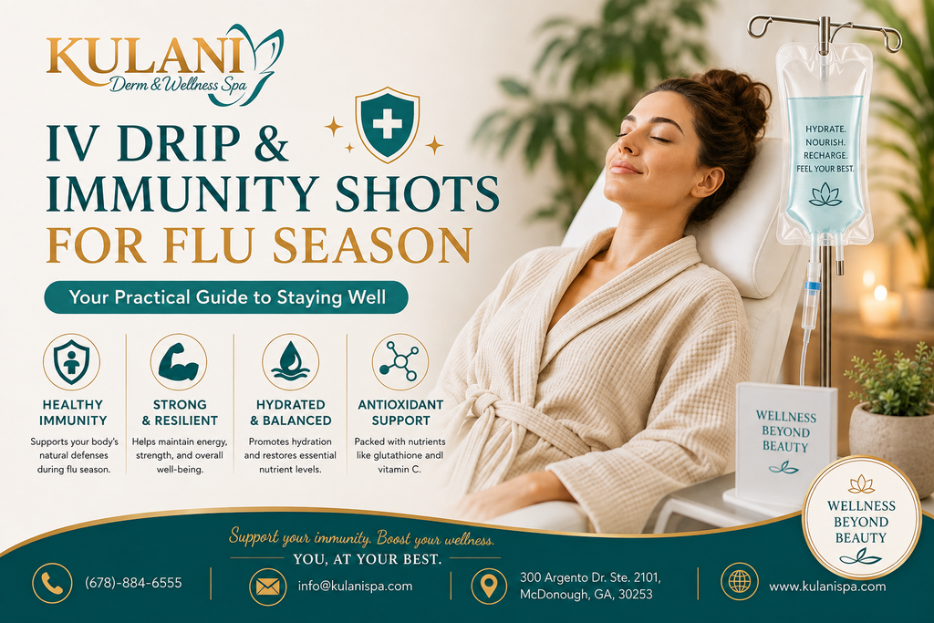 Woman relaxing in a spa chair receiving an IV drip; ad for Kulani Derm & Wellness Spa promoting immunity shots for flu season, with logo and headline visible.