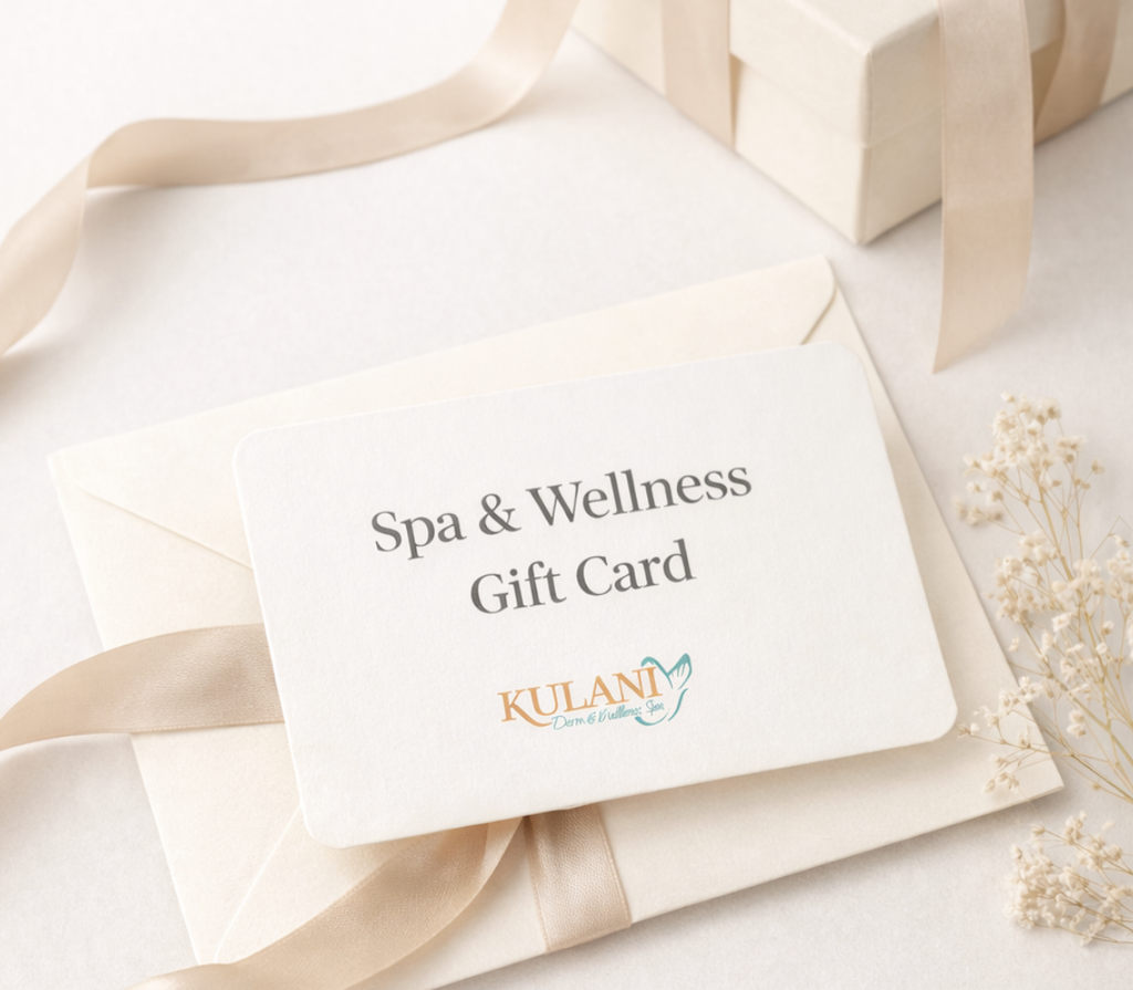 image - Kulani Spa Spa & Wellness Gift Card on a pale envelope with a beige ribbon, featuring the Kulani logo.