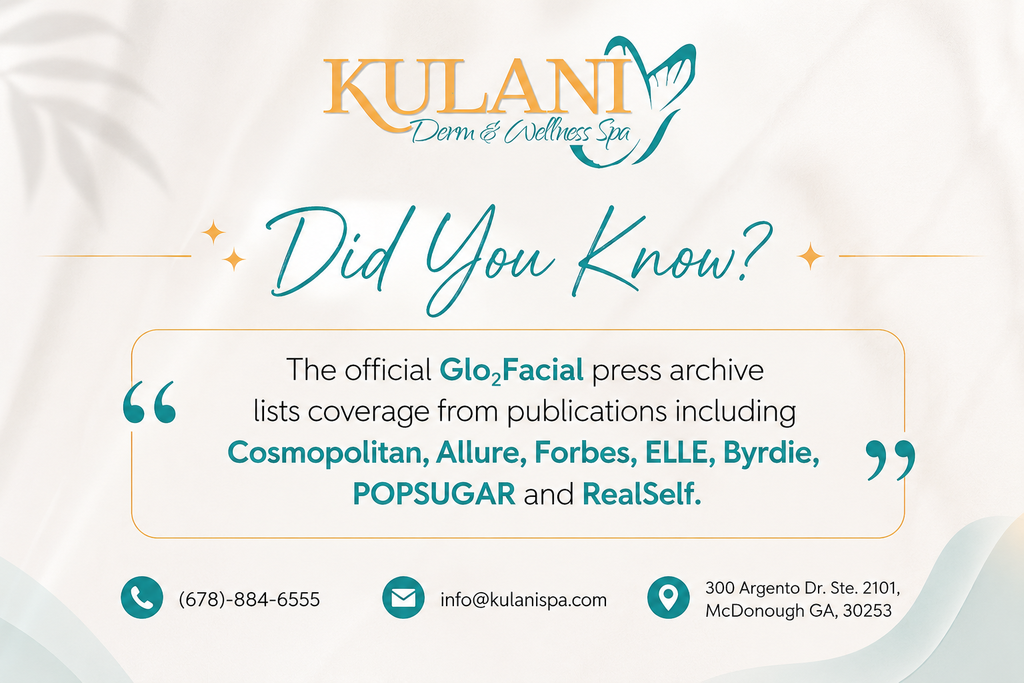 image - Kulani Spa Kulani Derm & Wellness Spa promotional flyer with 'Did You Know?' and a quote listing magazines that covered Glo2Facial, plus bottom contact icons and address lines.