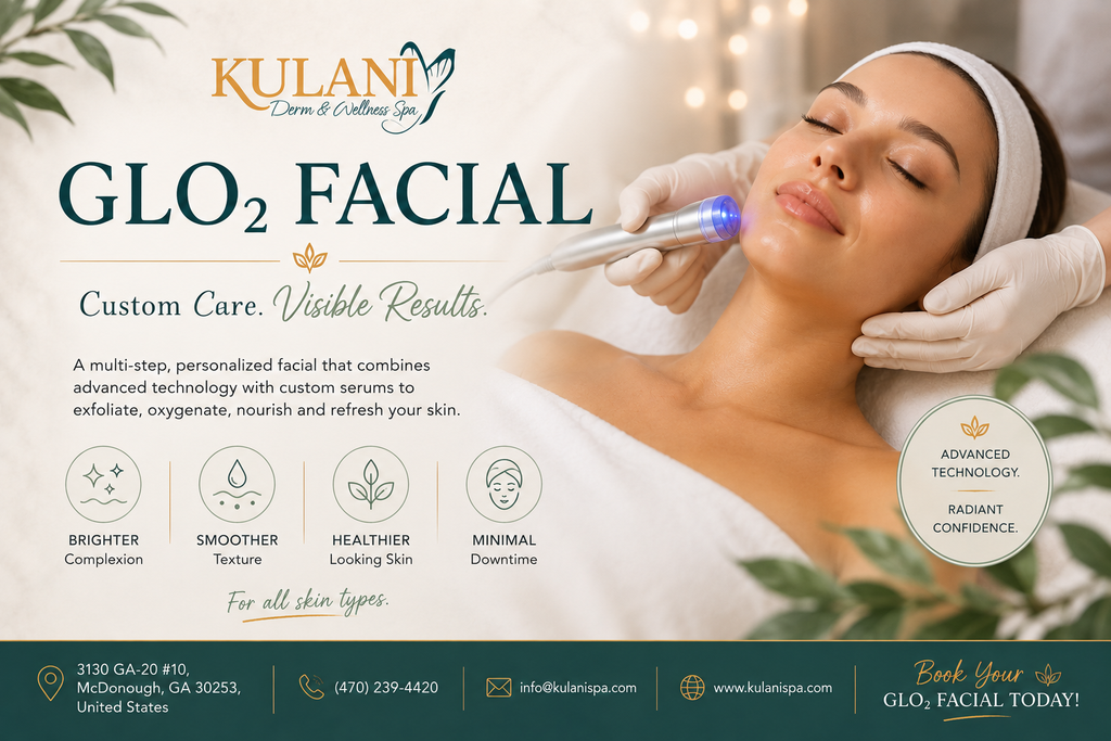 image - Kulani Spa Promo banner for GLO2 Facial at Kulani Derm & Wellness Spa; client receiving treatment with a blue-light device.