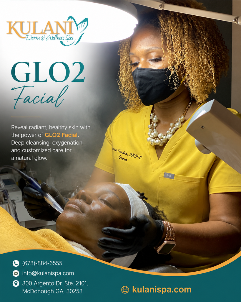 image - Kulani Spa Promotional poster for Kulani Spa advertising the GLO2 Facial; esthetician in yellow scrubs treats a client under a lamp while wearing a mask.