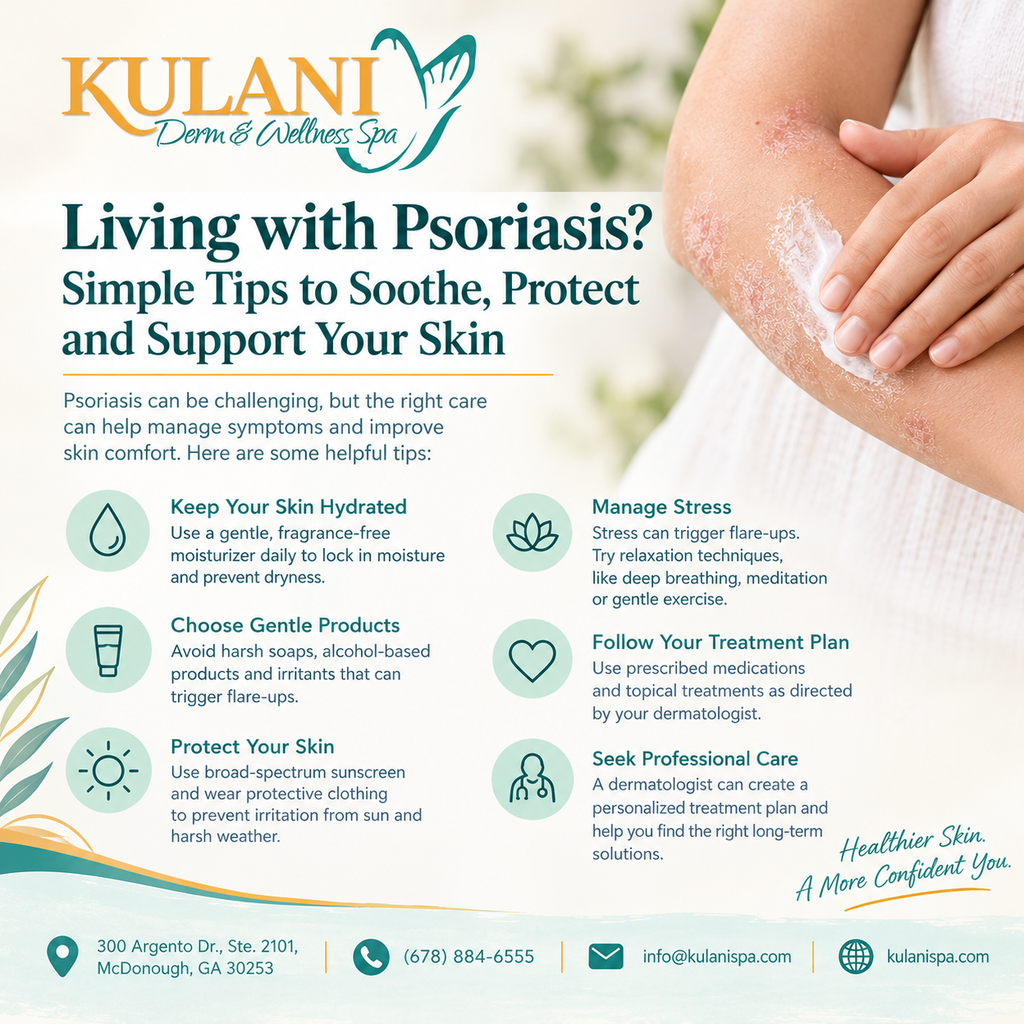 Infographic for Kulani Derm & Wellness Spa: tips to manage psoriasis, with sections on hydration, gentle products, sun protection, stress management, treatment plans, and professional care.