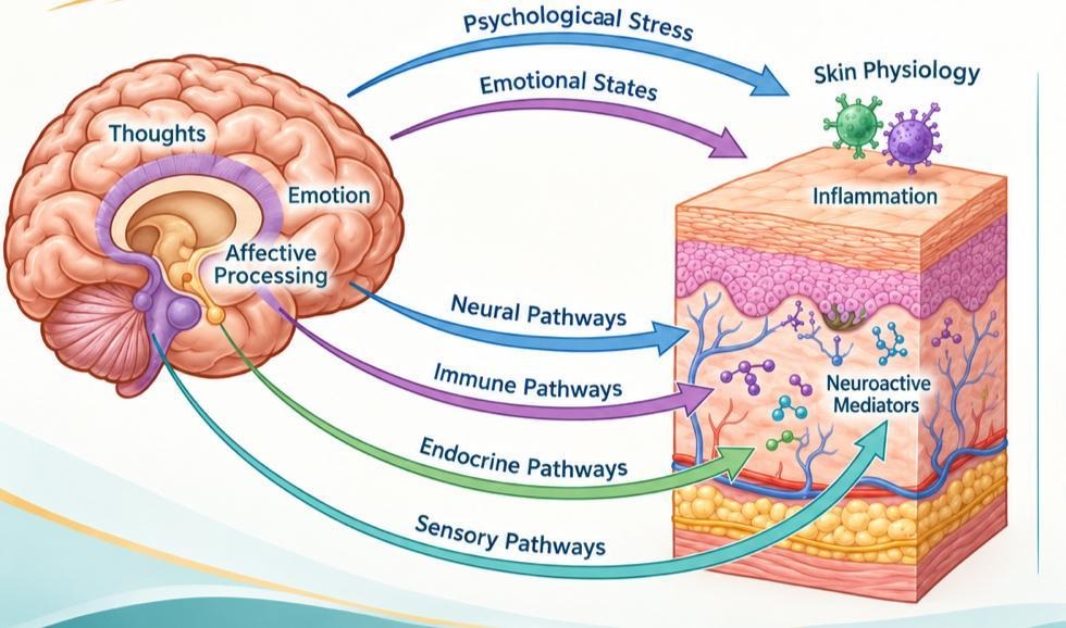 image - Kulani Spa Diagram of brain–skin connection: stress and emotions trigger neural, immune, endocrine, and sensory pathways that lead to skin inflammation.