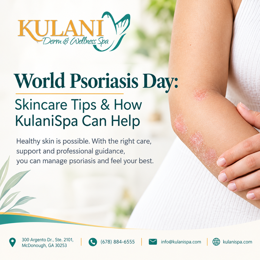 Kulani Spa poster announcing World Psoriasis Day with skincare tips and a forearm showing psoriasis patches.