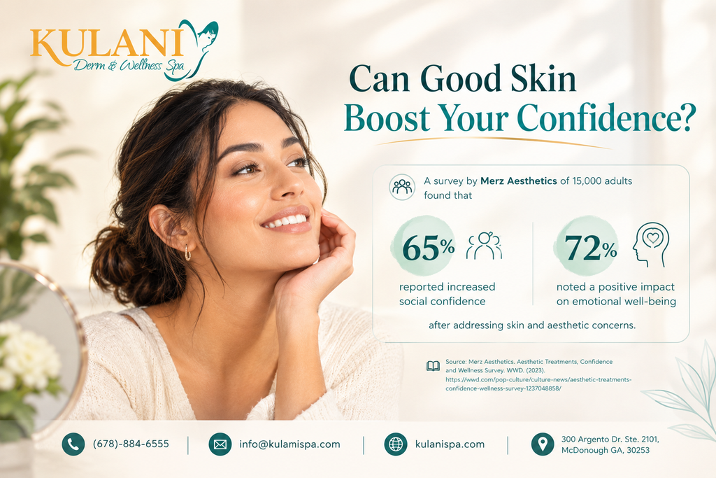 image - Kulani Spa Smiling woman in a spa ad for Kulani Derm & Wellness Spa, with the headline 'Can Good Skin Boost Your Confidence?' and an infographic on the right showing 65% and 72% stats.
