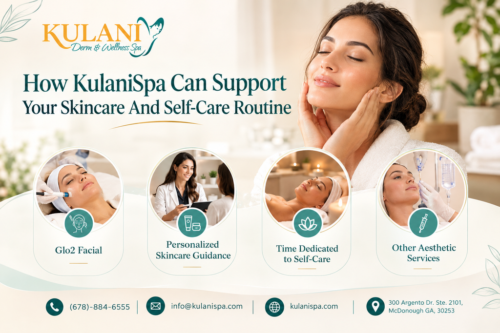 image - Kulani Spa Kulani Spa banner: relaxing woman at a spa with four circular service cards labeled Glo2 Facial, Personalized Skincare Guidance, Time Dedicated to Self-Care, and Other Aesthetic Services.