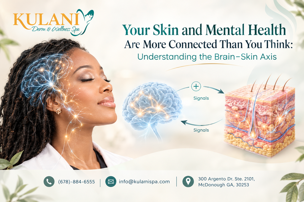 image - Kulani Spa Brand ad for Kulani Derm & Wellness Spa showing a woman with glowing neural lines over her head, a glowing brain illustration, and a cross‑section of skin illustrating the brain–skin axis beneath the spa logo and tagline.